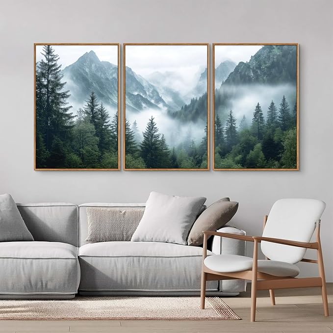 YeeHomedec Large Mountain Framed Canvas Wall Art, Mordern Calming Forest Wall Decor, Misty Nature Mountains Art Painting, Wooden Pine Trees Artwork for Living Room Bedroom Farmhouse 16"x24"x3