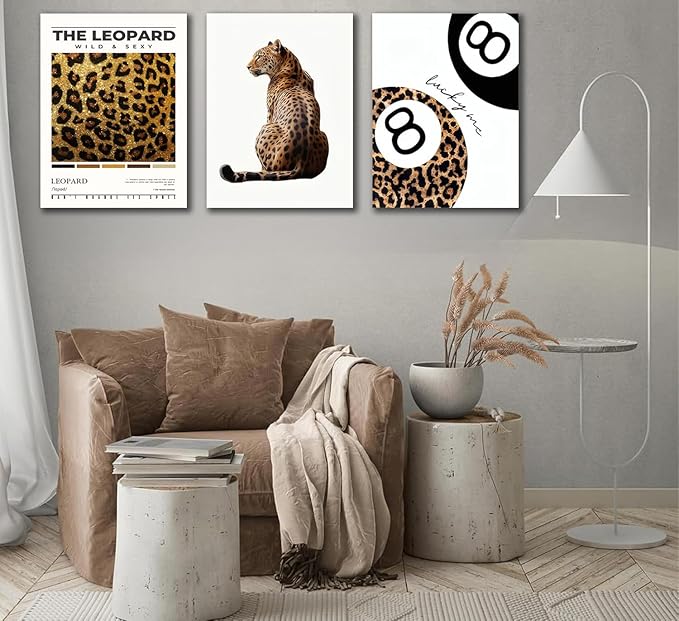 Trendy Leopard Framed Set of 3 Canvas Poster Prints,Picture Modern Artwork Wall Art for Home Décor,Perfect for Adds Wilderness & Elegance to Living Room,Bedroom or Any Interior Space,24Lx16W