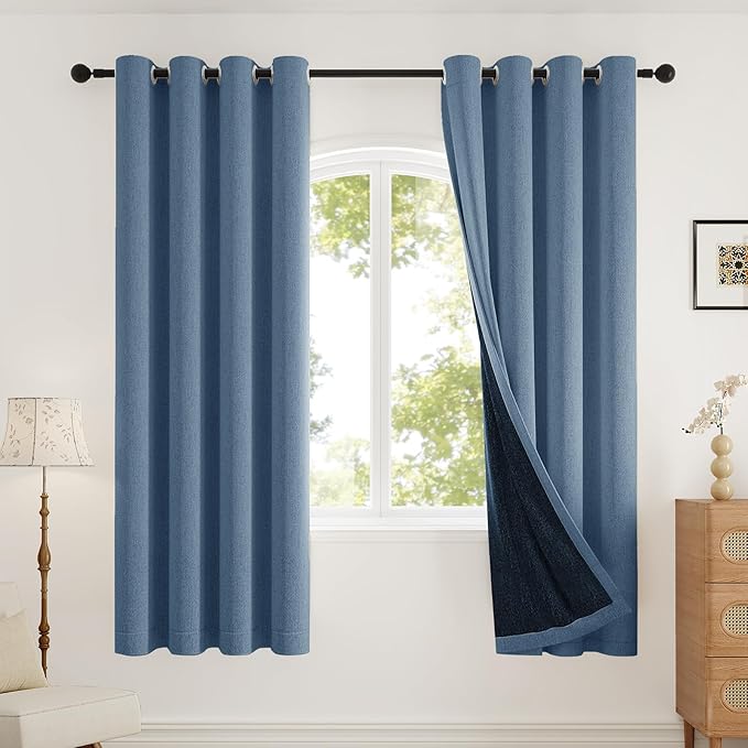 100% Blackout Curtains 72 inch Length 2 Panels Set for Dining Room Master Room, Thick Soft Linen-Look Textured Full Light Blocking Room Darkening Thermal Insulated Drapes (W52xL72, Blue)