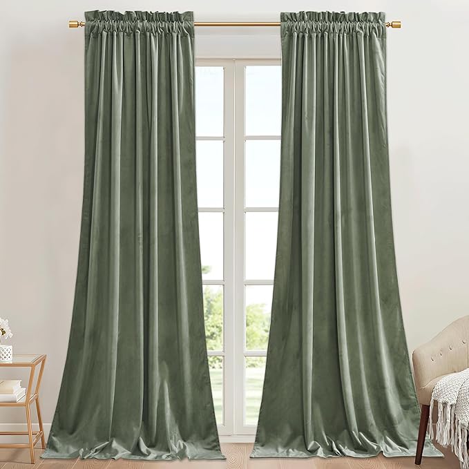 StangH Sage Green Nursery Curtains 90 inches Long Living Room Velvet Thermal Insulated Sliding Door Curtains Elegant Home Decor for Bedroom Office, W62 x L90, 2 Panels