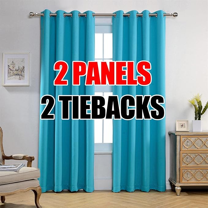 MIUCO Room Darkening Soild Grommet Window Blackout Curtains Panels for Bedroom 1 Pair 52x95 Inch Turquoise, Bonus 2 Tie Backs Included