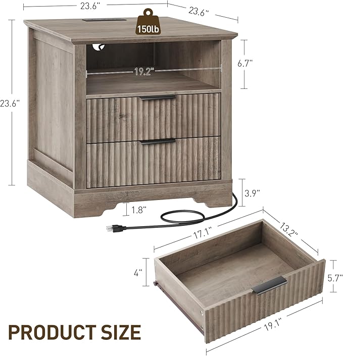 Farmhouse Fluted End Table with Charging Station, 24'' Sofa Side Table with 2 Drawers, Farmhouse Bedside Table with Storage, Large Nightstand for Bedroom, Living Room, Greige
