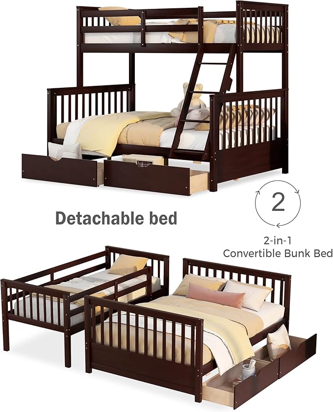 Merax Wood Bunk Bed with Two Drawers,Convertible Wood Bunk Bed with Ladders and Two Storage Drawers,Solid Wood Detachable Bed Frame with Ladders, Twin Over Full Size, Espresso