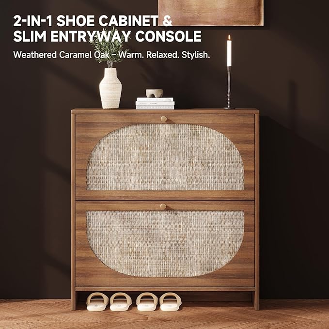 Nicetree Rattan Arched Accent Shoe Storage Cabinet - Freestanding Ultra Slim for Entryway, 2 Flip Drawers & 3-Tier Adjustable Shelves, Farmhouse Modern Rustic Shoe Rack for Hallway, Foyer, Living Room