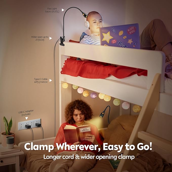 acegoo Minimalist Reading Light for Bed Headboard Dimmable Book Light Clip on Lamp with USB-C Adapter, Flexible Neck & Handy Lamp Head Switch, CRI 95+