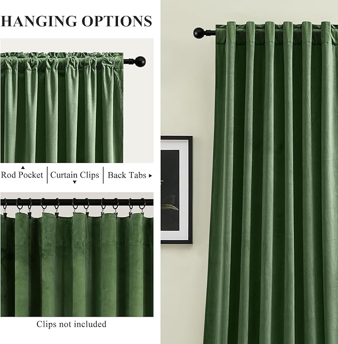 Olive Green Velvet Curtains 102 Inches Long for Bedroom, Super Soft Room Darkening Thermal Insulated Curtains Luxury Window Drapes for Living Room Nursery, Back Tab Rod Pocket, W52 x L102, 2 Panels