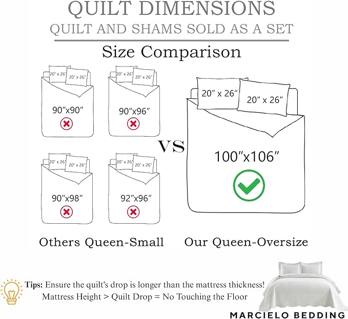 MarCielo 3-Piece 100% Cotton Oversized Bedspread Lightweight Quilt Coverlet Embroidery Farmhouse Bedding Set T0 (Bright White, Oversized Queen (100"x106"))