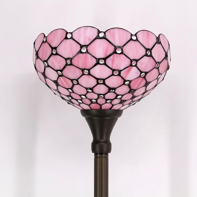 WERFACTORY Tiffany Floor Lamp Pink Stained Glass Pearl Bead Light 12X12X71 Inches Torchiere Standing Corner Torch Uplight Decor Bedroom Living Room Home Office S005P Series
