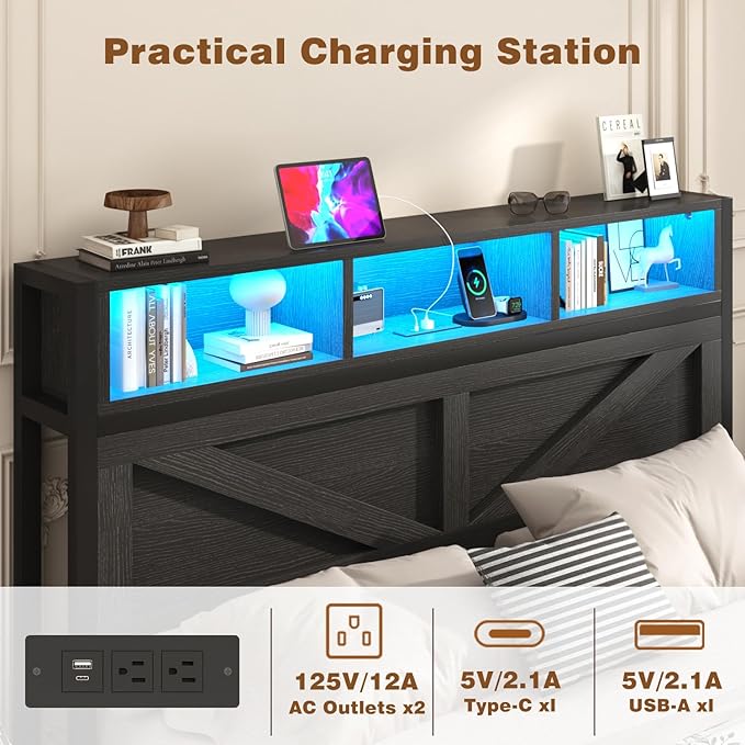 Farmhouse Full Bed Frame with Bookcase Storage Headboard, Charging Station, LED Light and 2 Storage Drawers, Noise Free, No Box Spring Needed, Black