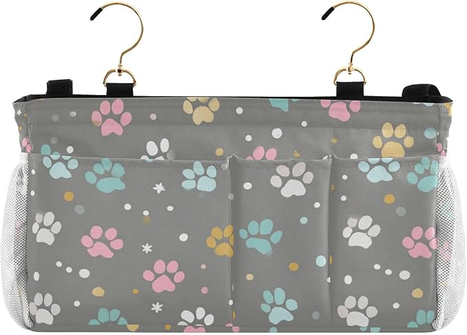 Bedside Caddy Hanging Bunk Bed Caddy Bed Organizer Hanging Pocket with 2 Hooks Bedside Storage Organizer Pocket Bag Holder Paw Print Dots Stars Grey