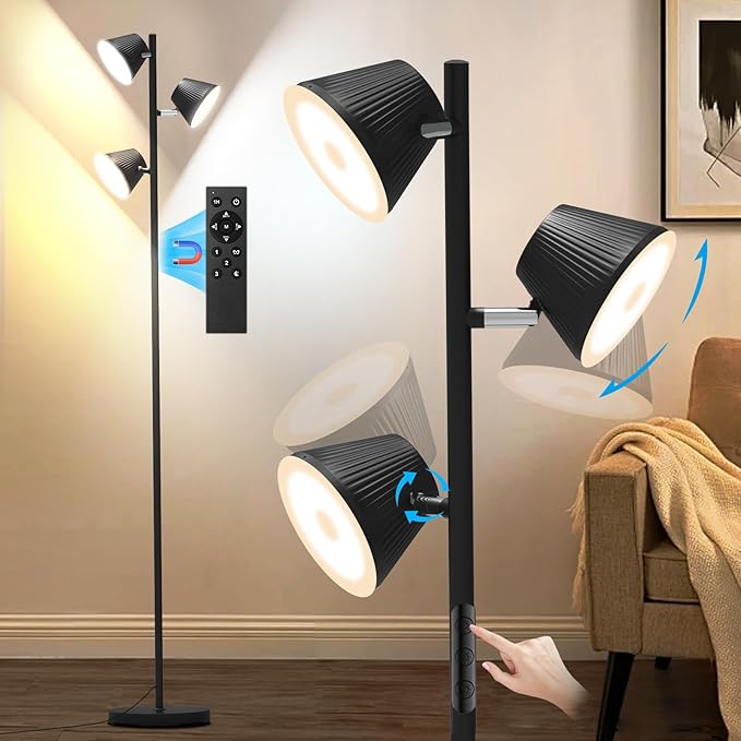 42W LED Tree Floor Lamp, 4500 Lumens Dimmable Standing Lamp with Remote & Touch Control, Modern Super Bright 3 Rotatable LED Light Floor Lamps for Living Room, Bedroom, Office