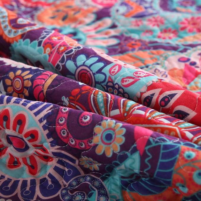 Cotton Bedspread Quilt Sets Reversible Bedding Coverlet Sets Comforter Paisley Floral Bohemian Bedspread,Bohemian Red Gorgeous Pattern,Queen Size