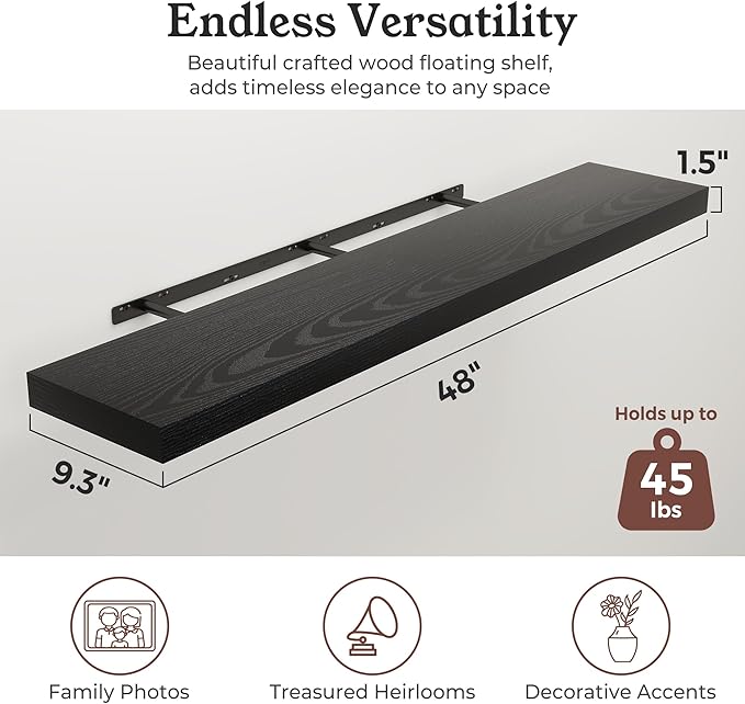 Floating Shelves for Wall, 9.3" Deep Wall Mounted Wood Shelves for Bathroom, Bedroom, Living Room, Kitchen, Hanging Shelf for Books/Storage/Room Decor (Black, 48")