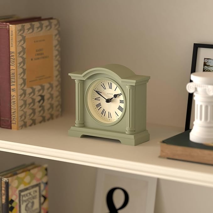 JONES CLOCKS® Kensington Mantel Clock | Classic Arch top Clock | Sage Green | Stylish & Contemporary | Ideal for Desk, Mantelpiece, Bookshelf or Bedside
