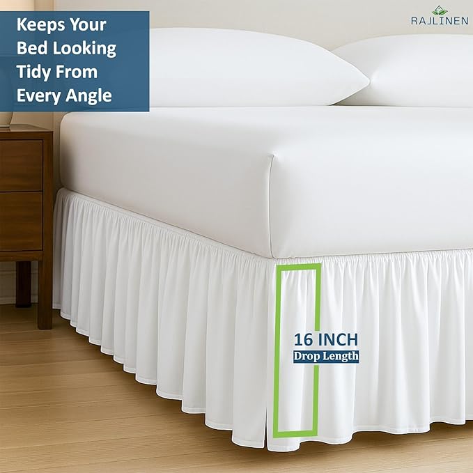 Rajlinen Ruffled Bed Skirt King, 16 Inch Drop Dust Ruffle with Split Corners, 100% Microfiber Bedskirt with Platform, Three-Sided Coverage Ruffled Gathering Design, White