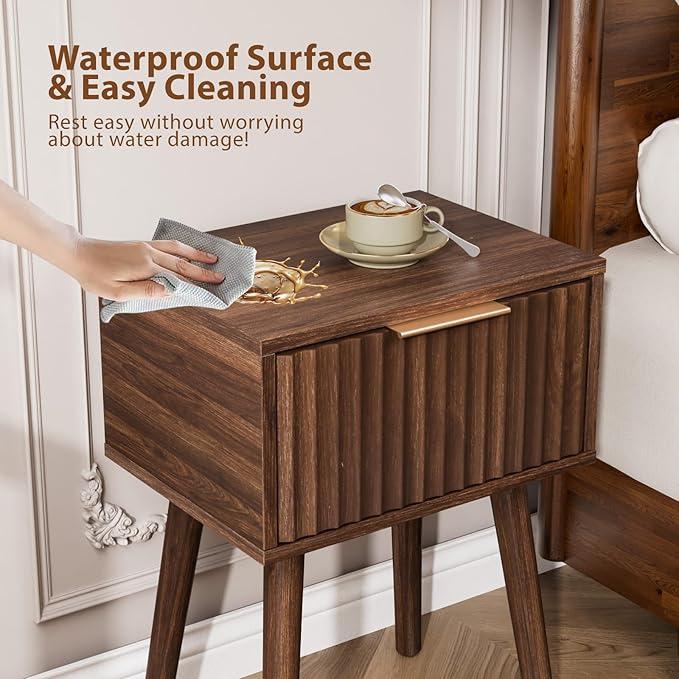 VINGLI Night Stand Set 2, Fluted Nightstands with Drawer, Mid Century Modern Nightstands Set of 2, Bedside Table, End Table, Wood Nightstand for Bedroom, Walnut, 15.75" W*11.81" D*21.85" H