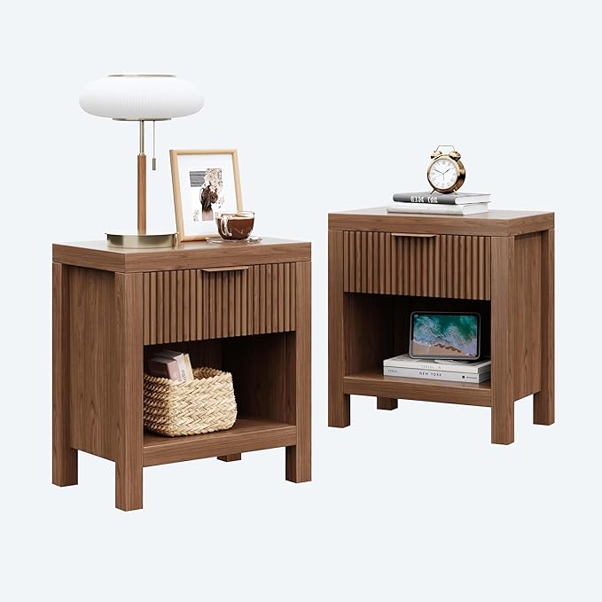 Nightstand Set of 2, End Table with 2 Drawers, Modern Bed Side Table with Storage, Farmhouse Fluted Cabinet Bedside Cabinet for Bedroom Living Room Sofa Couch Office (Walnut-2)