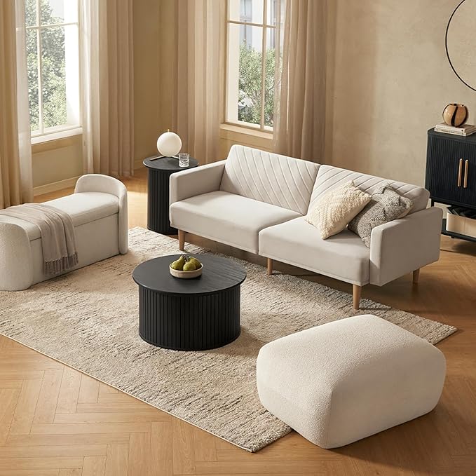 mopio Quin Tambour Round Circle Coffee Table with Storage, Drum Accent, Mid Century Modern, Wood, Fluted Center, Tea Table with Removable Lid, Living Room (Black Oak)