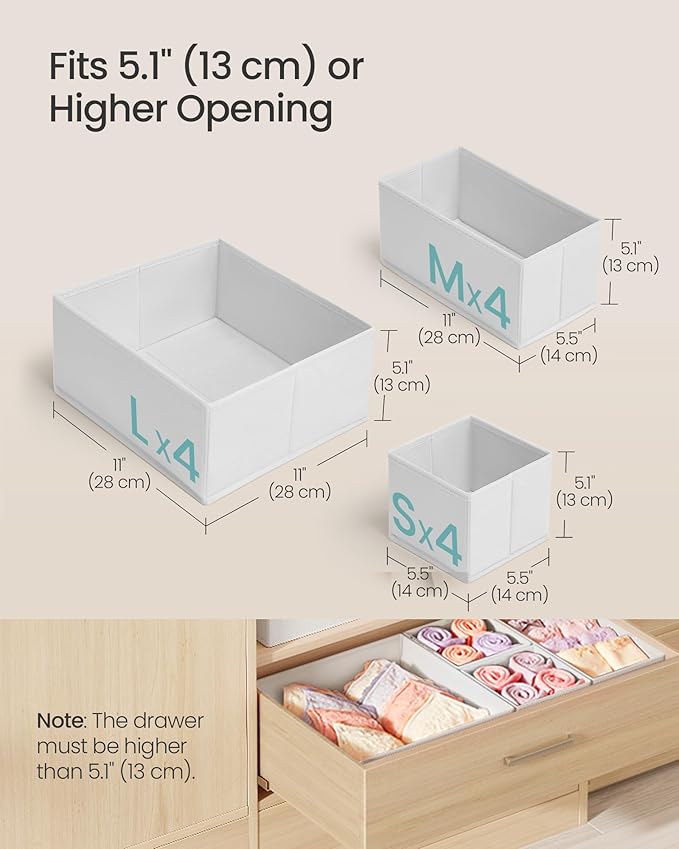 SONGMICS Drawer Organizer,Dresser Drawer Organizers, Set of 12, Foldable Fabric Storage Bins for Socks, Underwear, Bras, Ties, Scarves, Cloud White URDZ006W02