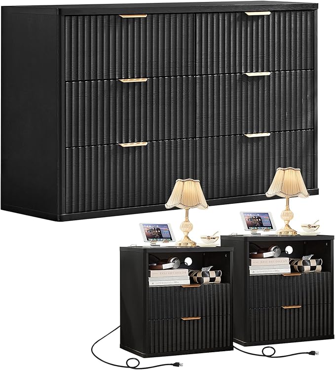 LEYAOYAO 48" Wide Fluted Dresser and 2 Drawers 23" Nightstand Set of 2, Wooden Dresser & Night Stand with Charging Station, 3 Piece Bedroom Furniture Set, Chest of Drawer for Living Room,Black