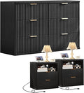 LEYAOYAO 48" Wide Fluted Dresser and 2 Drawers 23" Nightstand Set of 2, Wooden Dresser & Night Stand with Charging Station, 3 Piece Bedroom Furniture Set, Chest of Drawer for Living Room,Black