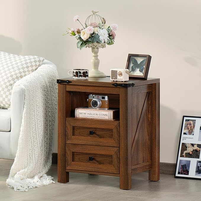 Joaxswe Nightstands Set of 2 with Charging Station, Farmhouse Side End Table with 2 Drawers and Open Shelf, Wood Rustic Sofa Table, Bedside Cabinet for Bedroom, Living Room, Closet, Office(Brown)