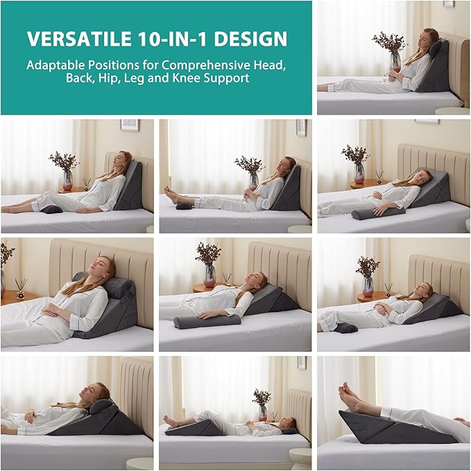 Bedluxe 3Pcs Orthopedic Bed Wedge Pillow Set, Foam Wedge Pillow Post Surgery for Back, Leg and Knee Support, Adjustable 9&12 Inch Folding Triangle Pillow for Sleeping, Acid Reflux, Snoring, Velvet