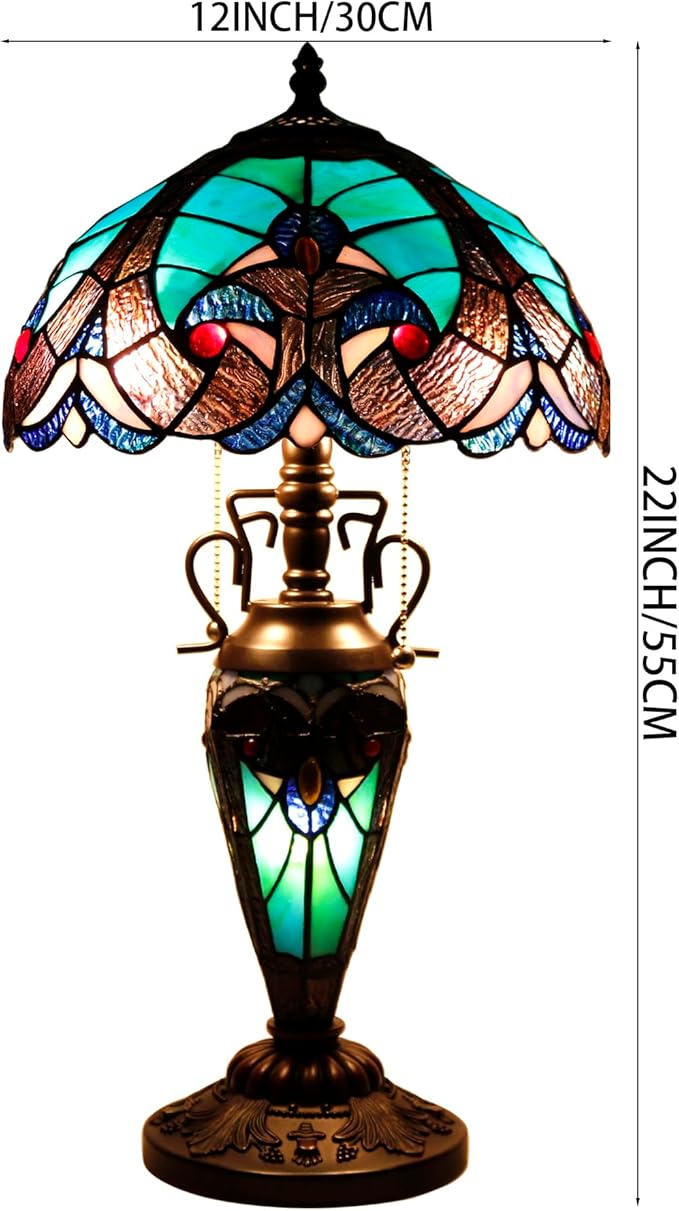 WERFACTORY Tiffany Style Table Lamp Green Stained Glass Liaison Lamp 12X12X22 Inches Mother-Daughter Vase Desk Reading Light Decor Bedroom Living Room Home Office S160G Series