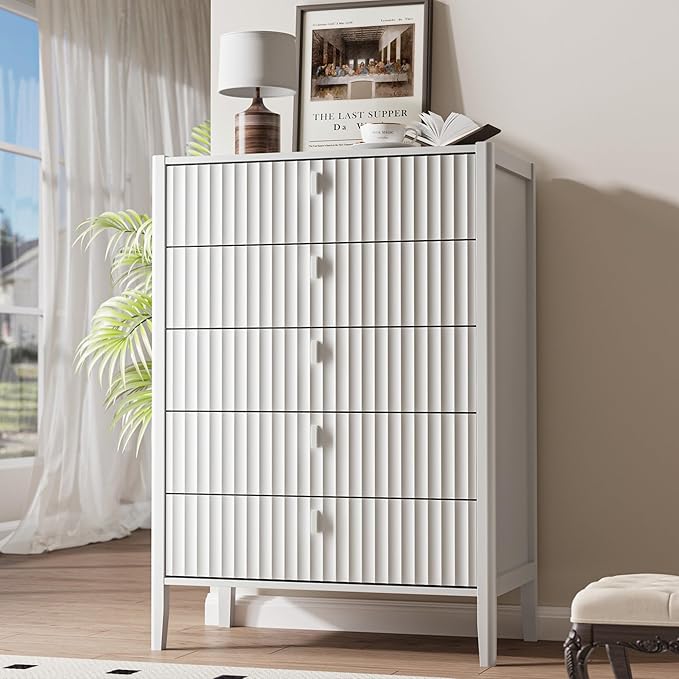 White 5 Drawer Dresser, Modern Tall Dresser for Bedroom, Fluted Wood Chest of Drawers with Deep Drawers for Clothes, Storage Cabinet for Bedroom, Living Rooms, Offices, Entryways
