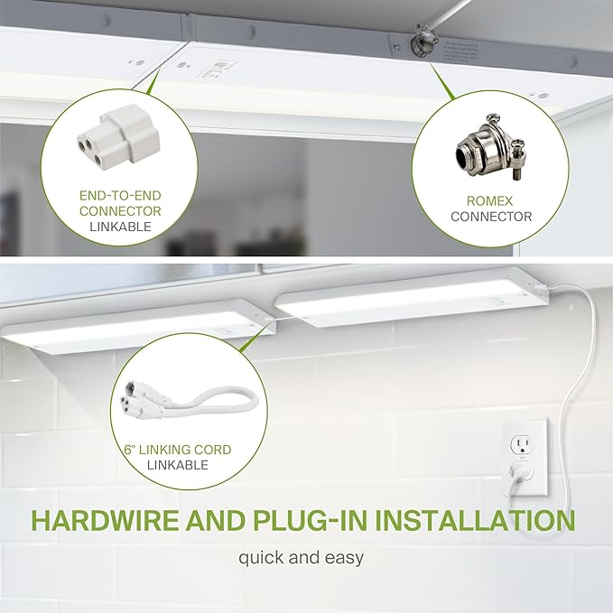 ASD 18 Inch LED Under Cabinet Lighting Plug in or Hardwired, High/Low/Off Switch, 8W 120V 3 CCT 2700K/3000K/4000K CRI90+, Triac Dimmable Linkable Under Counter Lights for Kitchen, ETL Listed, White