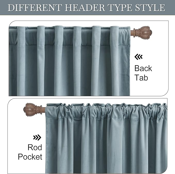RYB HOME Velvet Curtains 72 inches Length, Back Tab & Rod Pocket Soft Fabric Curtains & Drapes for Bedroom Bathroom Cafe, Stone Blue, W 42 x L 72, 2 Panels Set