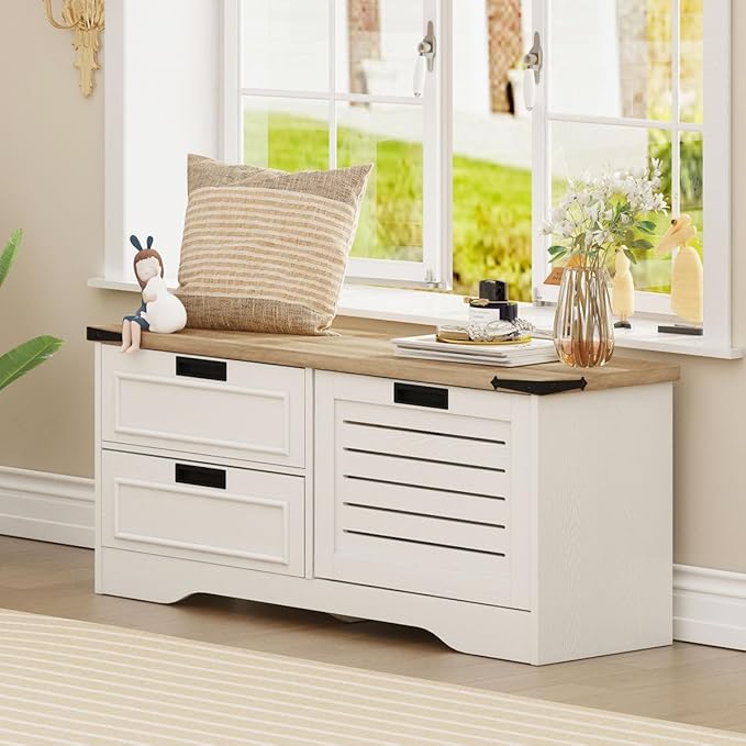 FATORRI Shoe Storage Bench, Entryway Bench with Flip Drawer, Wooden Entry Way Shoe Cabinet for Living Room Hallway (Rustic Oak+White Oak)