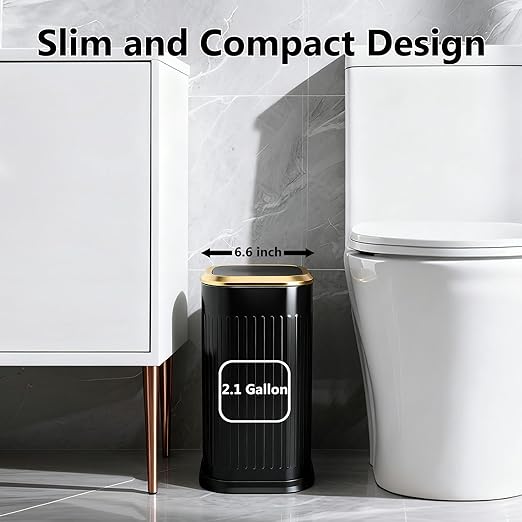 TIPGO Bathroom Trash Can with Lid, 2.1 Gallon / 8 Liter Small Garbage Can, Press Top Bin, Stainless Steel Wastebasket with Pop-Up Lid for Bedroom, Living Room, Office (Black)
