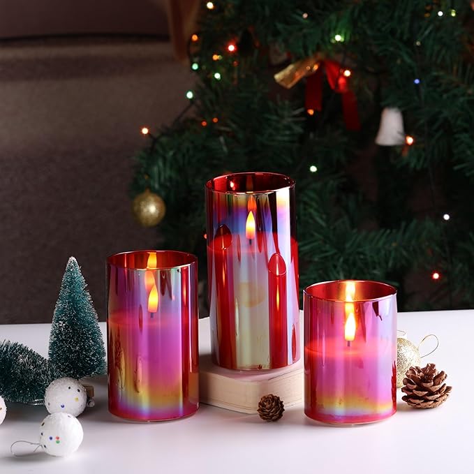 Eywamage Red Glass Flameless Pillar Candles with Remote, Flickering Christmas Battery LED Candles Holiday Decor Set of 3