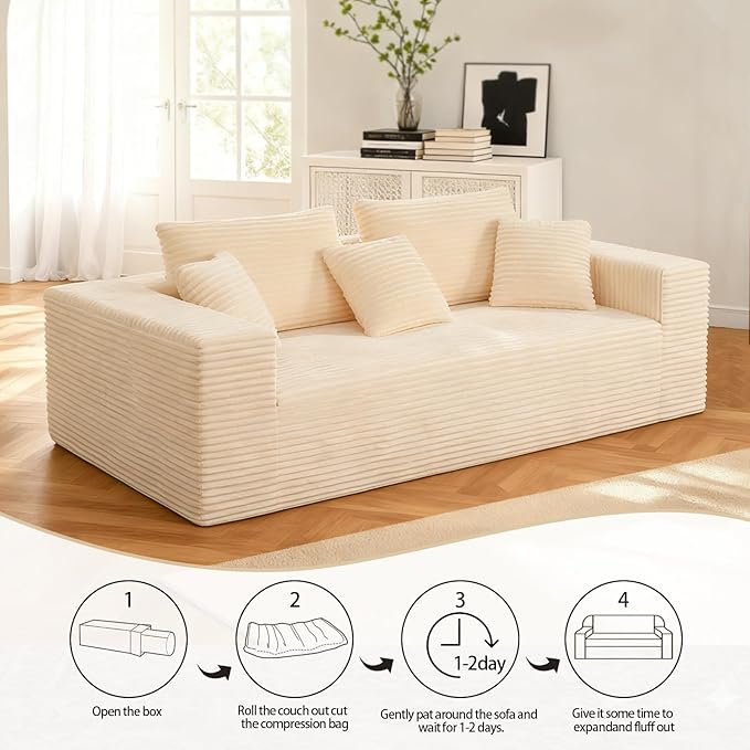 Boneless Cloud Couch Sofa, 3 Seater Deep Seat Modern Lounge Sleeper Couch, No Assemble, Corduroy Compression Upholstered Couches for Living Room, Bedroom, Apartment, Dorm, Office