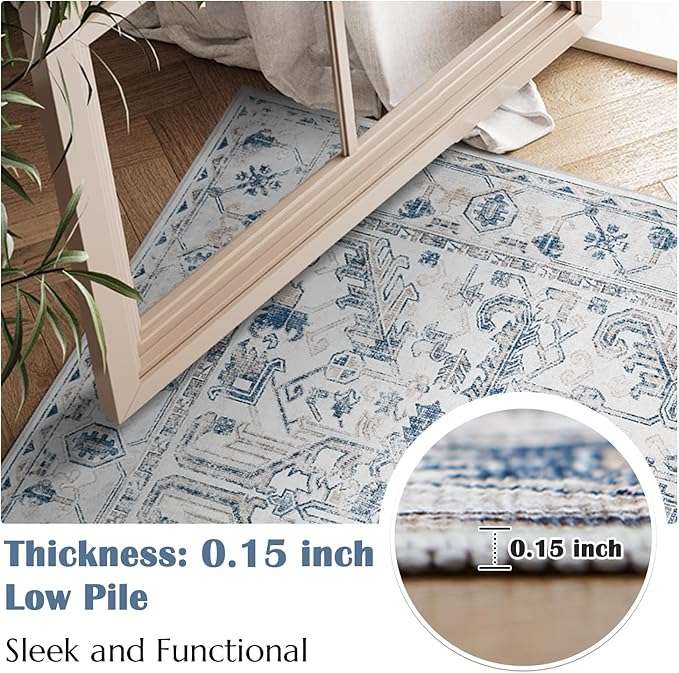 jinchan Lima Kitchen Runner Rug 3x10-2pcs, Bohemian Hallway Washable Rug Floral Non Slip with Rubber Backing Vintage Carpet Runner for Bedroom Bathroom Laundry Room Living Room Decor Blue