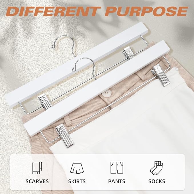 BAGAIL 10 Pack Wooden Pants Hangers with Adjustable Clips, 360°Swivel Hook Space Saving Skirt Holders with Anti-Rust Clips for Trousers, Jeans, Shorts (White)