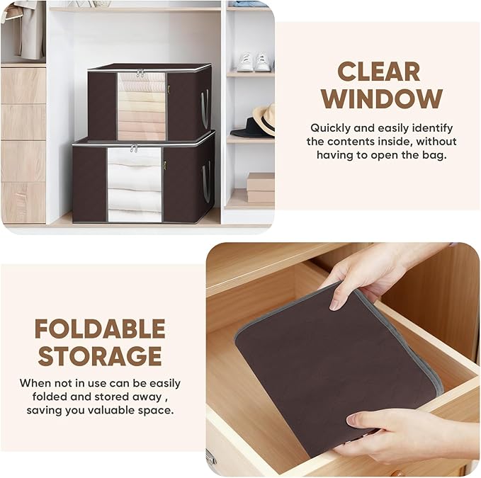 BALEINE 6 Pack Clothes Storage Bags, 24 Gallon Storage Containers with Reinforced Handle, Sturdy Zipper, Closet Organizer for Blanket, Comforter, Pillow, Bedding (Brown, 6 Pack)