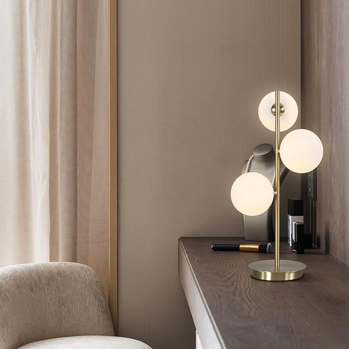 3 Lights Brass Metal Bedside Lamp, Mid Century Globe Table Light, White and Gold Reading Lamp for Office Living Room Dresser Bathroom, G9 Base