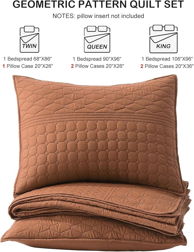 HORIMOTE HOME Burnt Orange King Size Quilt Set - Soft Microfiber Bedspread with 2 Shams, Lightweight & All-Season Geometric Coverlet for Cozy Bedding