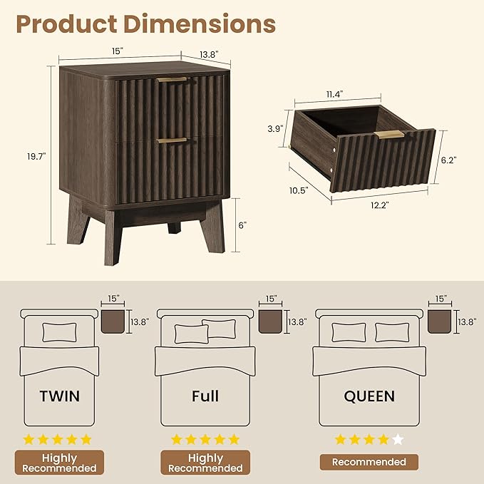 Fluted Nightstand,Modern End Table with Metal Handle,2 Storage Drawers Side Table,Bedside Table for Bedroom,Wood Nightstands,Curved Profile Design Furnitue,Walnut