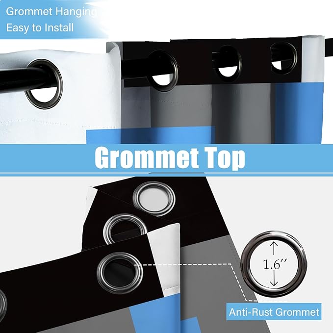 Light Blue 100% Blackout Curtains for Bedroom 108 inch Extra Long 2 Panels Set Black Grey Modern Abstract Geometric Black Out Curtains Room Darkening Window Drapes for Living Room, 52Wx108L