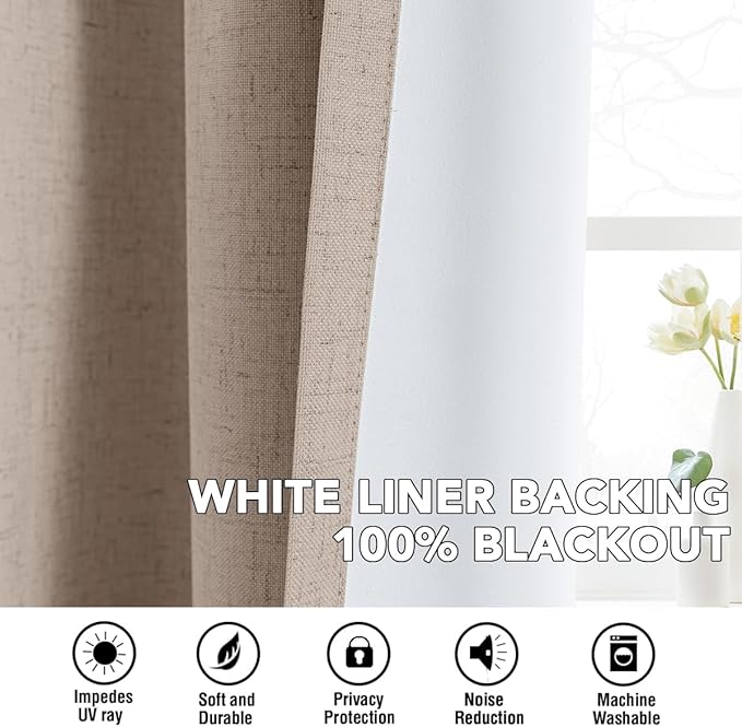 H.VERSAILTEX Linen Curtains 100% Blackout Curtains for Bedroom 54 inch Long Full Light Blocking Nature Linen Blended Window Curtains for Living Room Nickel Grommet (2 Panels, Heathered Sand)