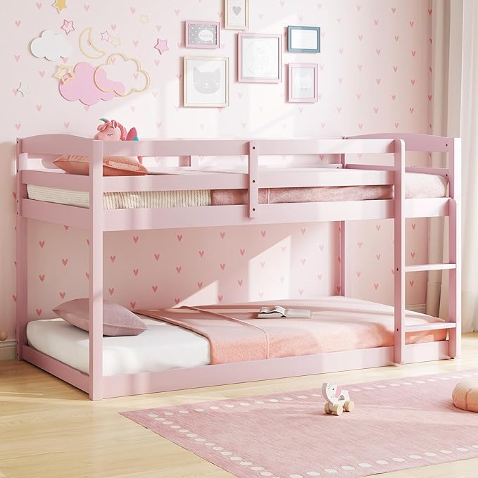 KOMFOTT Low Bunk Bed Twin Over Twin, Solid Wood Twin Bed Frame with Built-in Ladder & Safety Guardrails, Space-Saving Low Bunk Bed for Kids, Teens, No Box Spring Needed