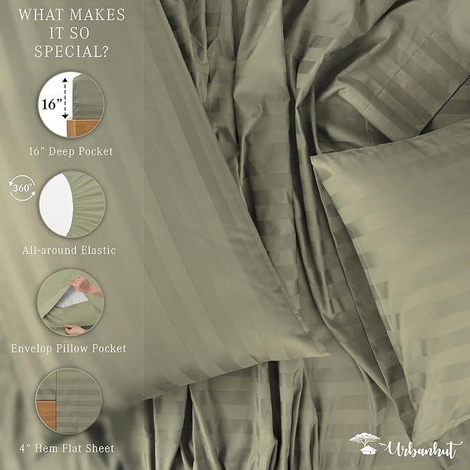URBANHUT 800 Thread Count 100% Cotton Damask Twin Size Sheets, 4 Piece Striped Twin Size Bedsheets, Luxury Hotel Sheets Sateen Weave - Better Than Egyptian, 14" Elasticized Deep Pocket- Sage