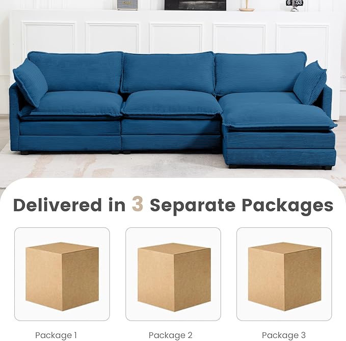 ROWHY Oversized Modular Sectional Sofa with Movable Ottoman, 112 Inch 4 Seat Modern Corduroy Sofa Set, Convertible L Shaped Couch for Living Room and Office, Navy Blue