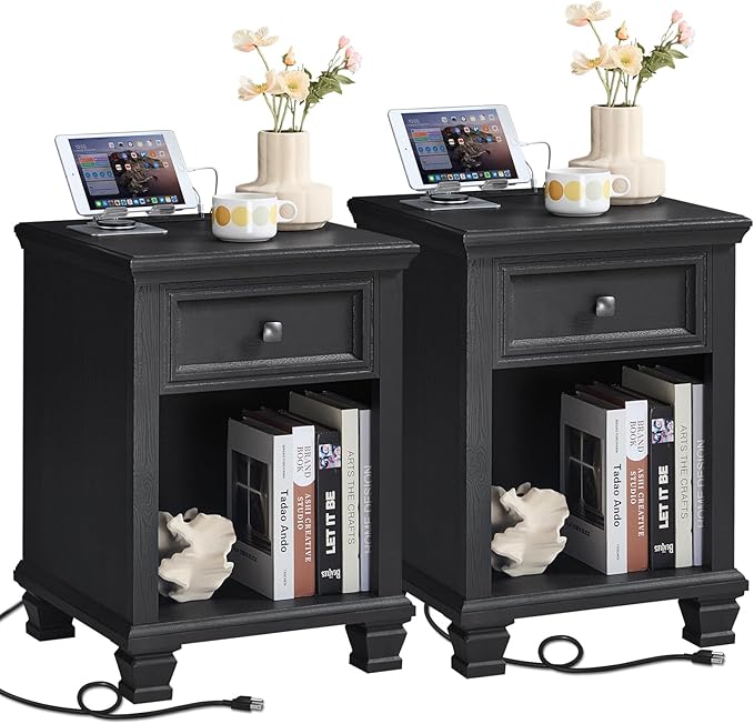 SAVOR LIFE Farmhouse End Tables Living Room Set of 2, Rustic Wood Nightstand with 1 Drawer, Bedside Table with Open Shelf for Bed Room, Side Table for Living Room, Black