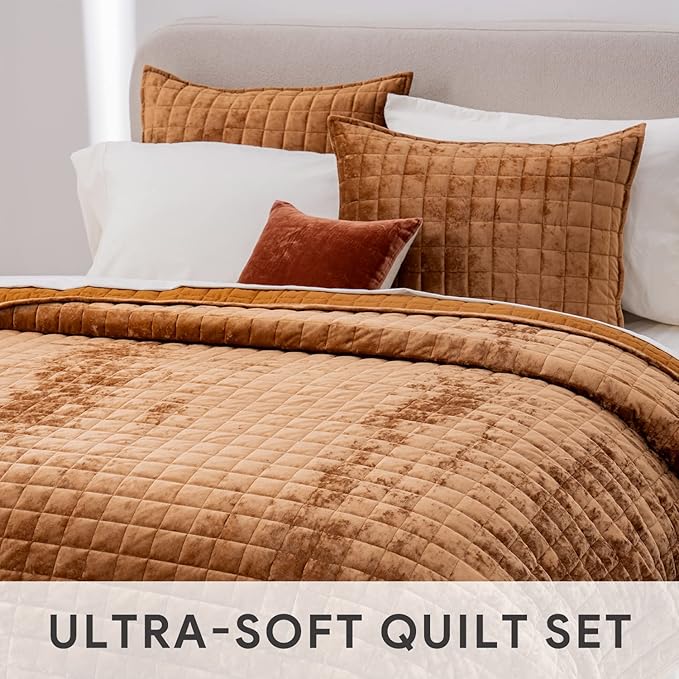 RECYCO Luxury Velvet Quilt Set King Size Bedding Sets, Ultra Soft Velvet Comforter Set, Lightweight Oversized Bedspread Quilted Coverlet for All Season, with 2 Pillow Shams, Rusty Burnt Orange