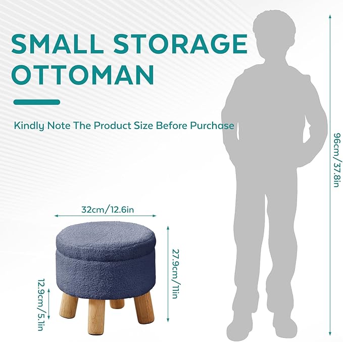 FIMIVIBI Small Foot Stool Ottoman with Storage, Sherpa Ottoman Foot Rest for Couch, Round Footstool with Storage, Small Ottomans and Footstools for Living Room and Entryway (Navy Blue)