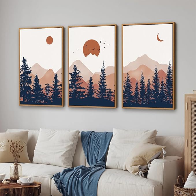 YeeHomedec Large Boho Mountain Framed Canvas Wall Art, Mid Century Modern Wall Decor, Nature Sunset Landscape Art Painting, Wood Pine Trees Artwork for Living Room Bedroom Office Farmhouse 16"x24"x3